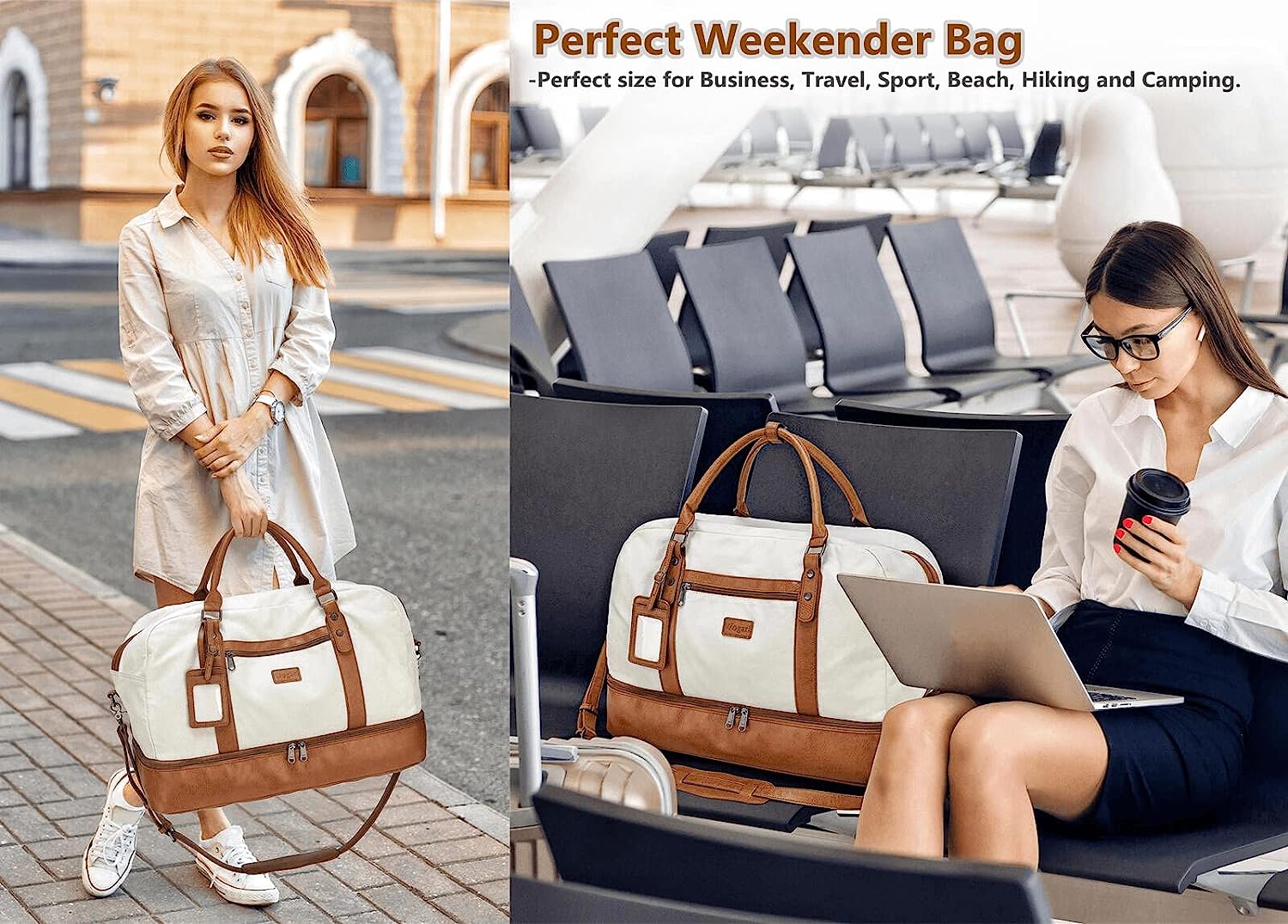 Weekender Bag for Women Canvas Overnight Large Travel Bag with Shoe  Compartment Carry on Luggage Sleeve Duffle Bag and Leather Shoulder Strap  Perfect